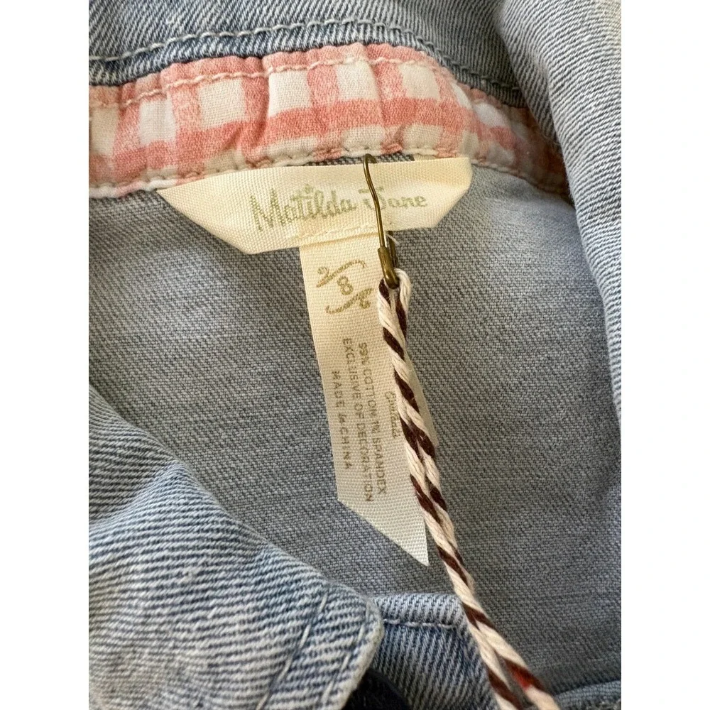 NWT Matilda Jane Denim Vest Girls 8 Light‎ Blue Pink Gingham Girlie Ruffle Bow